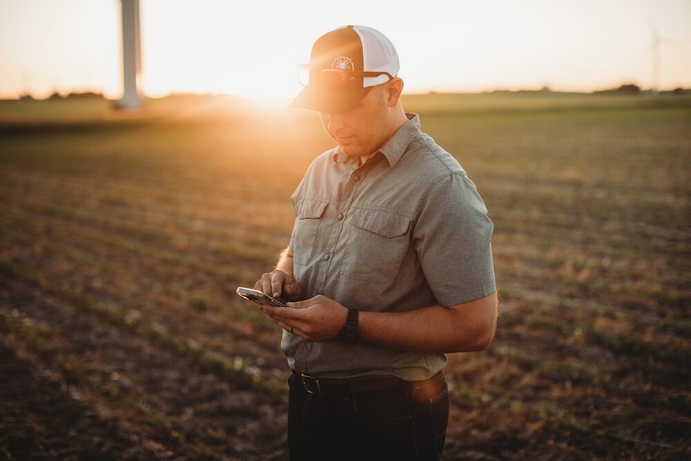 Farmer Agronomist Texting on Phone in Corn and Triticale Cover Crop Field