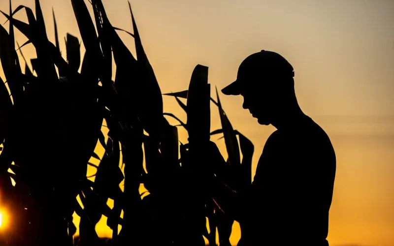 A Tennessee corn grower checking his crop at sunset